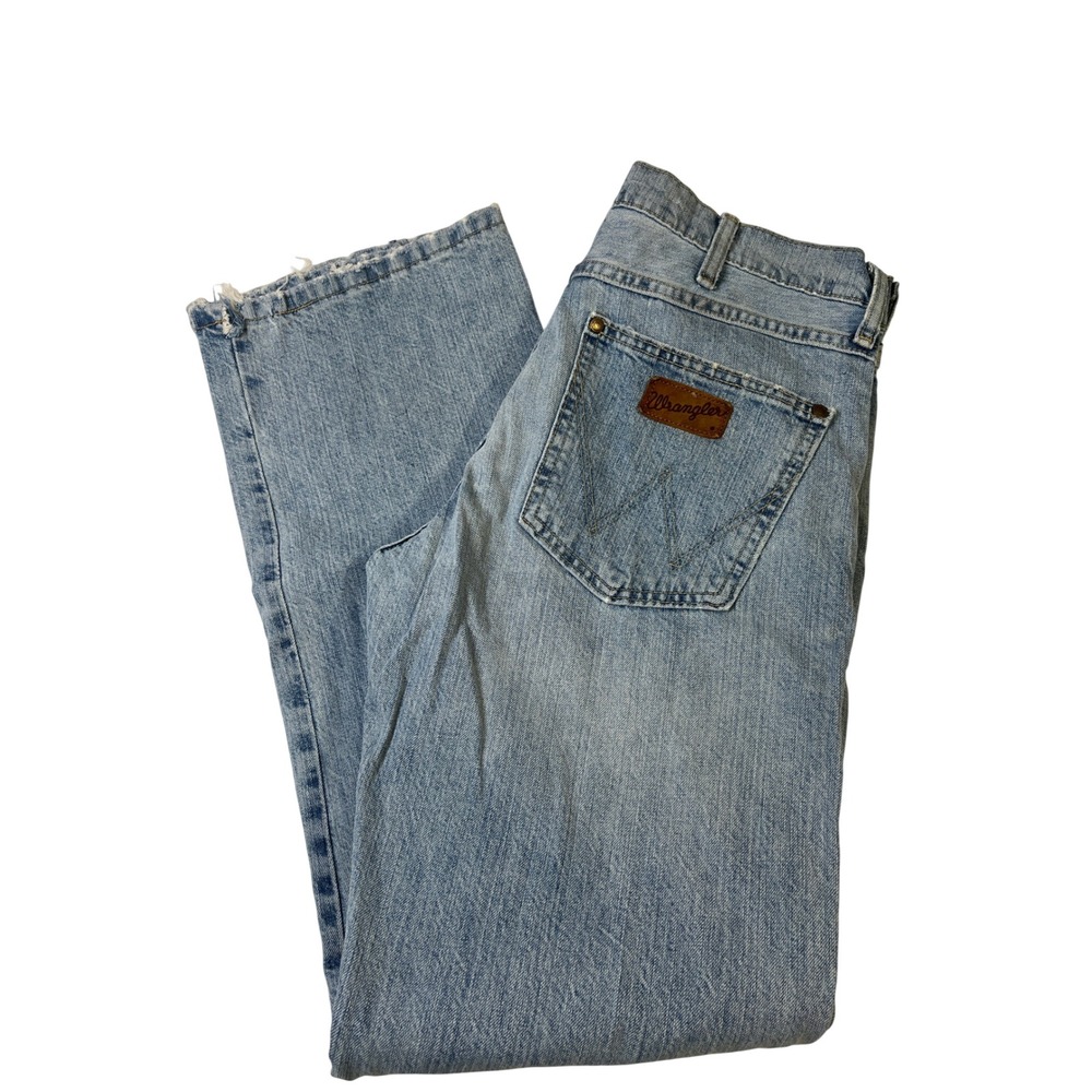 Wrangler Slim Boot Men Light Wash Distressed Denim Jeans Retro Rugged 32x32